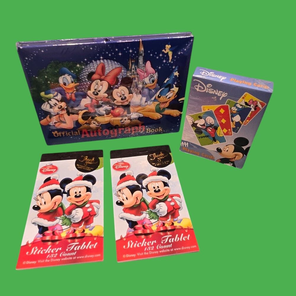NEW Disney Official Autograph Book Christmas Mickey Mouse Stickers Playing Cards